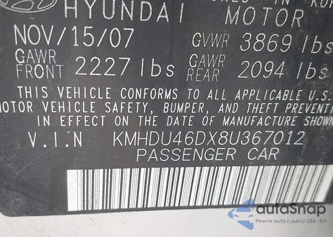 2008 Hyundai Elantra Gls/Se z USA, uszkodzony, nr VIN KMHDU46DX8U367012